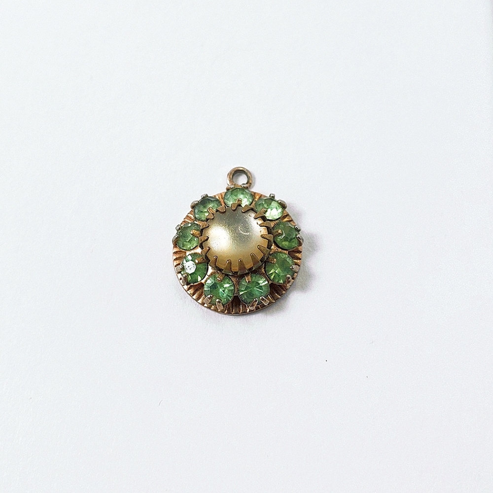Vintage Mini Sized Moonstone Green Rhinestones  Pendant/ Charm w/FREE Chain
